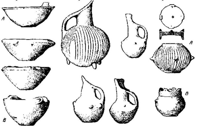 Рис. 17. Керамика из Терми I-II (А) и III-IV (В). По В. Лэмбу, BSA, XXX.