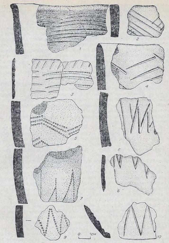 Рис. 53. Фрагменты андроновской (федоровской) керамики. Поселение Каргат-6. Керамика II типа. 