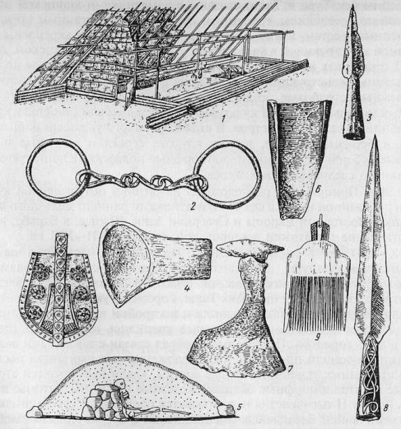 Материальная культура средневековых финно-угров: 1 - реконструкция жилища; 2-3 - корелы; 4 - марийцы; 5-9 - эсты