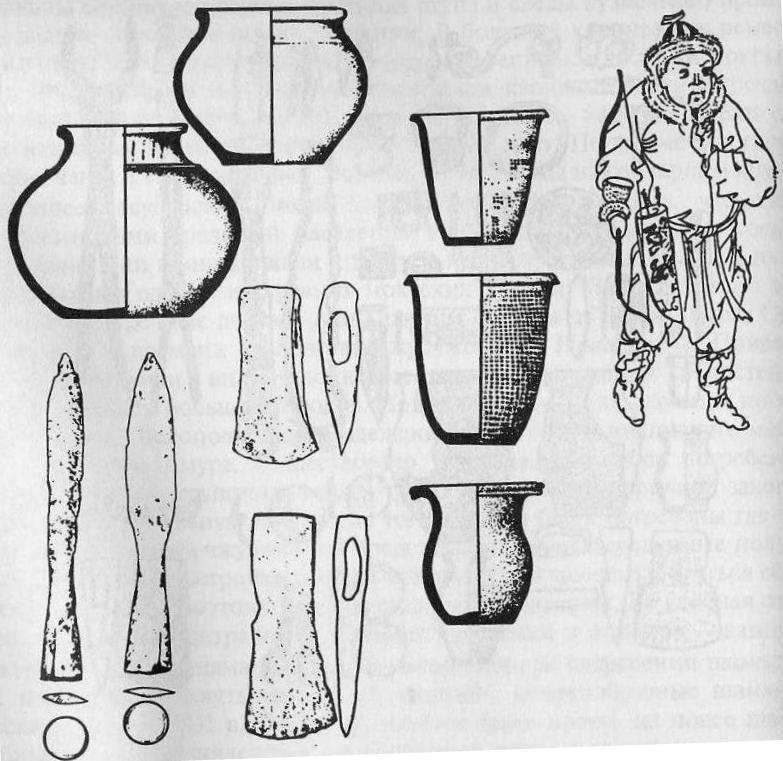 Чжурчжэни: керамика, железные топоры, наконечники, чжурчжэньский воин (по В. Медведеву)