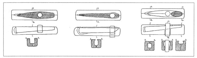 Рис. 14. Двустворчатые литейные формы, используемые мастерами БКМП (реконструкции по готовым отливкам).
