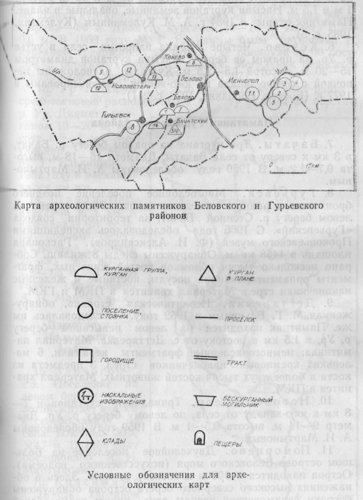 Карта археологических памятников Беловского и Гурьевского районов  Условные обозначения для археологических карт