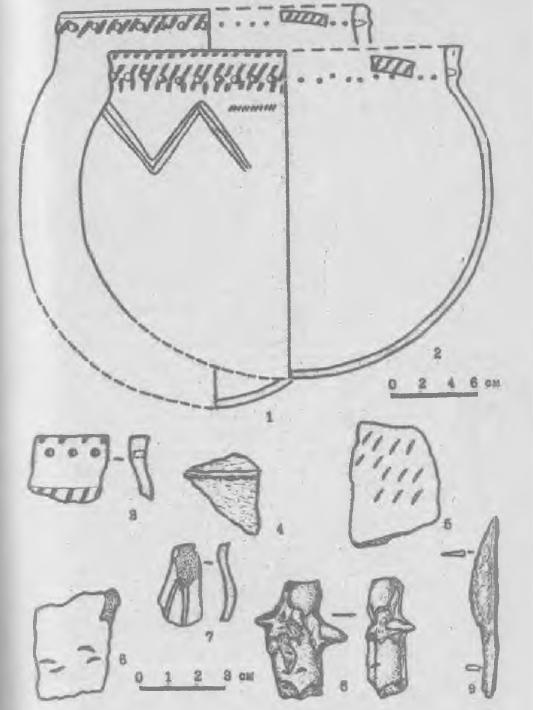 Рис. 2. Керамика и вещи с поселения Кисловка 2. 1-7 - керамика; 8 - глиняная фигурка; 9 - железный нож.