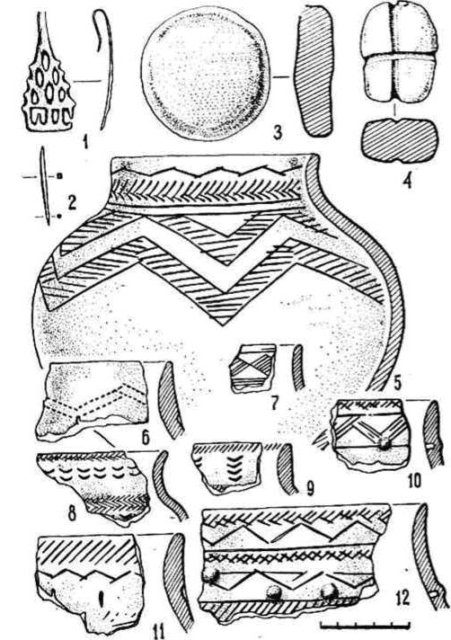 Рис. 1. Вещи и керамика Ново-Шадрино II: 1, 2 - бронза; 3, 4 - глина