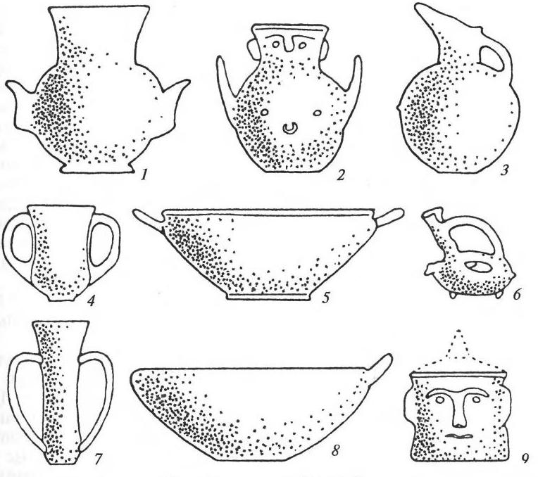 Керамика культуры Троя II-III: 1, 2 — «лицевые урны»; 3 — кувшин; 4, 7 — кубки; 5, 8 — миски; 6 — аскос; 9 — крышка 