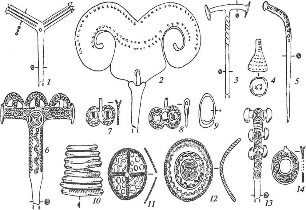 Бронзовые украшения терского очага: 1-3, 5, 6, 13— булавки; 4— подвеска-колокольчик; 7, 8, 14— медальоны; 9— височное кольцо; 10— браслет; 11, 12— бляхи 