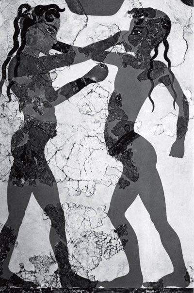 Боксирующие юноши. Рисунок на стене дома в Акротири, остров Санторини, Греция 