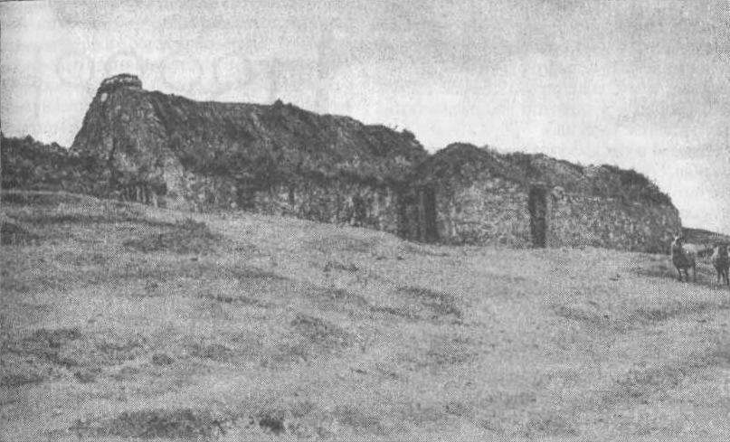 Рис. 14. Традиционный длинный дом, сохранившийся на Мэйнланде, Шетландские острова Его можно сравнить с реконструкцией А. Хагена (рис. 13)