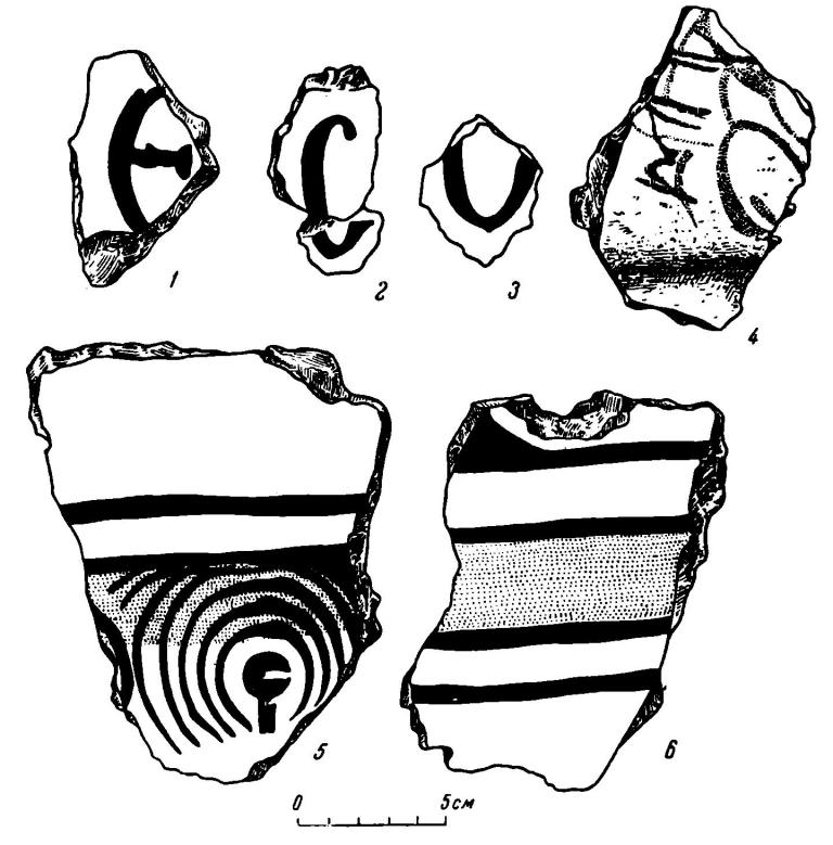Рис. 41. Фрески из постройки 12. 1—3 — древнерусские буквы; 4—6 — геометрический и стилизованный растительный орнамент