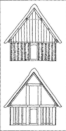 Рис. 56. Дом эпохи викингов: вверху — вид снаружи; внизу — вид изнутри (реконструкция Б. Альмгрена)