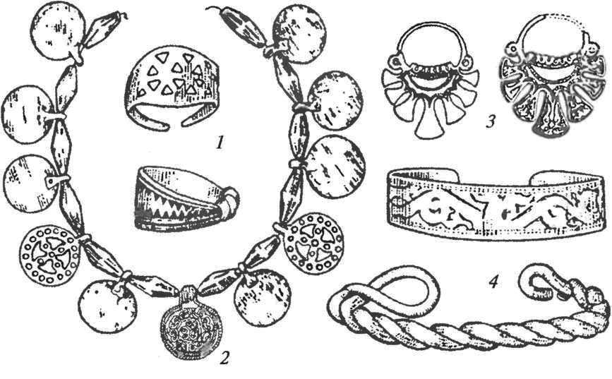 Сельские курганы. Инвентарь женского вятического погребения: 1 — перстни; 2 — ожерелье из сердоликовых бус и металлических привесок; 3 — кольца височные семилопастные; 4 — браслеты (пластинчатый и витой)