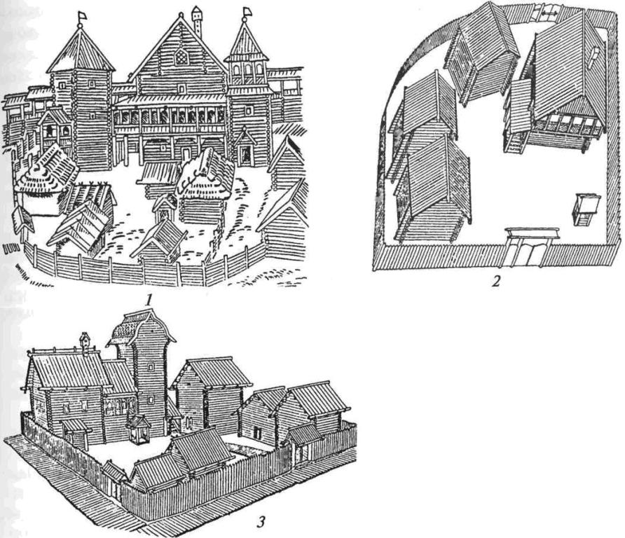 Городская застройка: 1 — усадьба феодала (Рязань); 2 — двор посадского жителя (Киев); 3 — усадьба священника и художника (Новгород)
