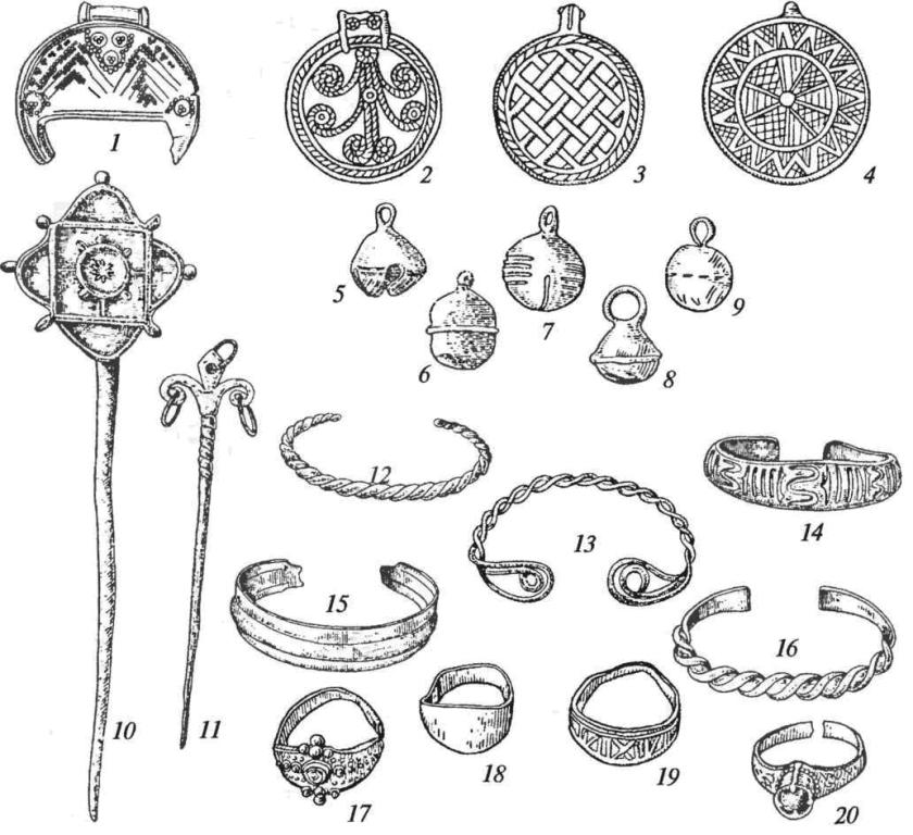 Массовые изделия ювелиров: 1 — лунница; 2-4 — привески; 5-9— бубенчики; 10, 11 — булавки; 12-16— браслеты; 17-20— перстни