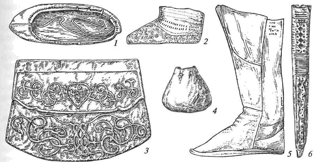 Кожаные изделия: 1 — поршень; 2 — туфля ажурная; 3 — сумка; 4 — кошелек; 5 — сапог; 6 — ножны кинжала