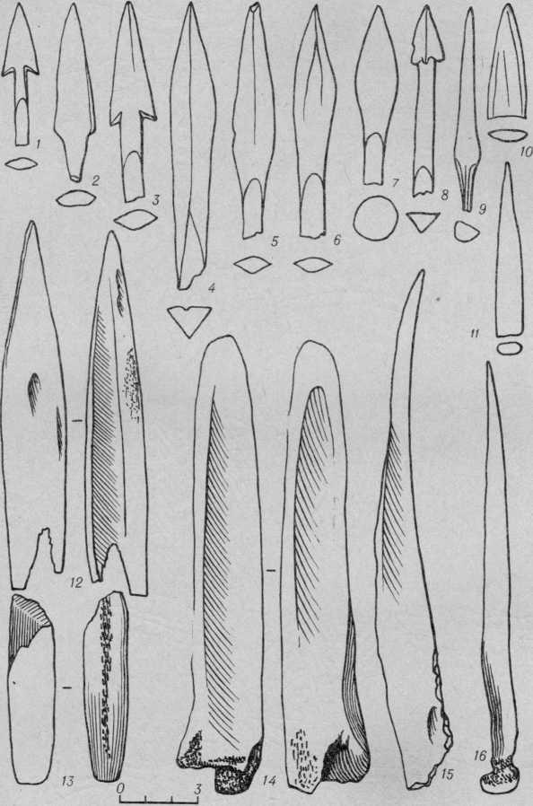 Рис. 3. Костяные наконечники стрел, проколки и костяные ножи.