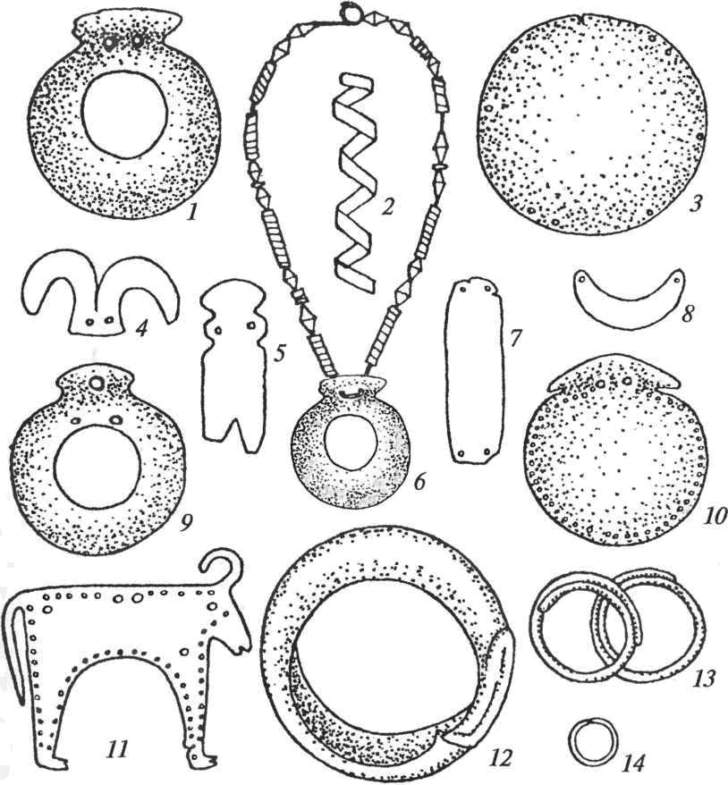 Золотые украшения Варненского некрополя: 1-5, 7-11 — детали костюма; 6 — ожерелье; 12— браслет; 13-14— височные кольца 