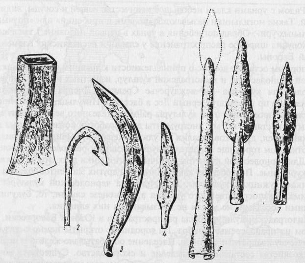 Железные предметы зарубинецкой культуры: 1 — кельт; 2 — крючок; 3 — серп; 4 — нож; 5—7— наконечники копий