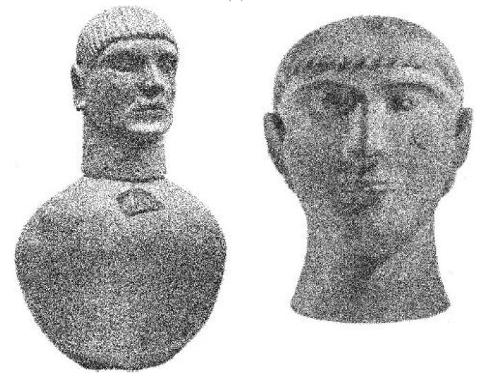 Рис. 33-34. Этрусские погребальные урны VII-VI вв. до н. э. в виде человеческой головы.