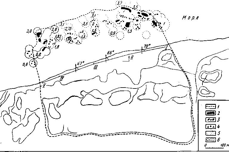 Рис. 55. Схематический план Фанагории. 1 — граница города; 2 — гряды камней; 3 — группы камней; 4 — керамика; 5 — участки погружений и глубины; 6 — очертание холмов.
