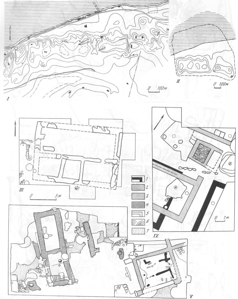 Таблица XXXVIII. Фанагория I — схематический план городища с местоположением раскопок; II — восстанавливаемые границы Фанагории; III — план юго-западного раскопа; IV — план раскопа Верхний город; V — план Центрального раскопа: 1 — архитектурные остатки, вторая половина VI в. до н. э.; 2 — первая половина V в. до н. э.; 3 — вторая половина V—IV вв. до н. э.; 4 — II—III вв. н. э.; 5 — IV в. н. э.; 6 — дерево; 7 — вымостка; А, Б — землянки конца VI в. до н. э. Составители Е. А, Савостина и В. С. Долгоруков 