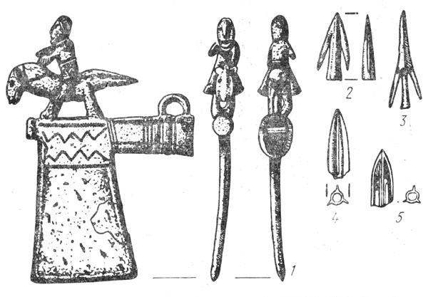 Рис. 18. Ритуальный топорик (1) и наконечники стрел (2—5) из Гальштатского могильника