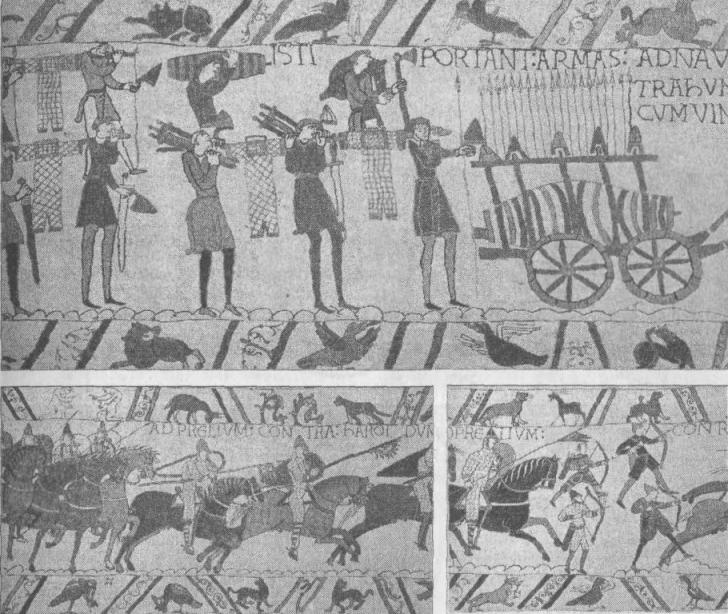 Рис. 10. Битва при Гастингсе, ковер из Байё Высадка норманнов (вверху); начальный этап битвы (внизу) 