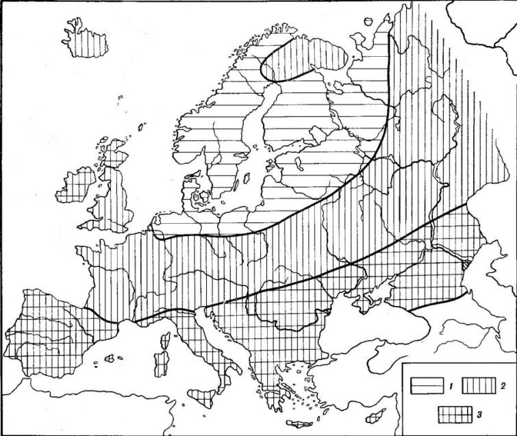 Рис. 2. Географические вариации цвета волос на территории Европы: 1 — меньше 50% темных волос (оттенки 27,4—8 по шкале Э. Фишера); 2— 30—80% темных волос; 3 — больше 80% темных волос