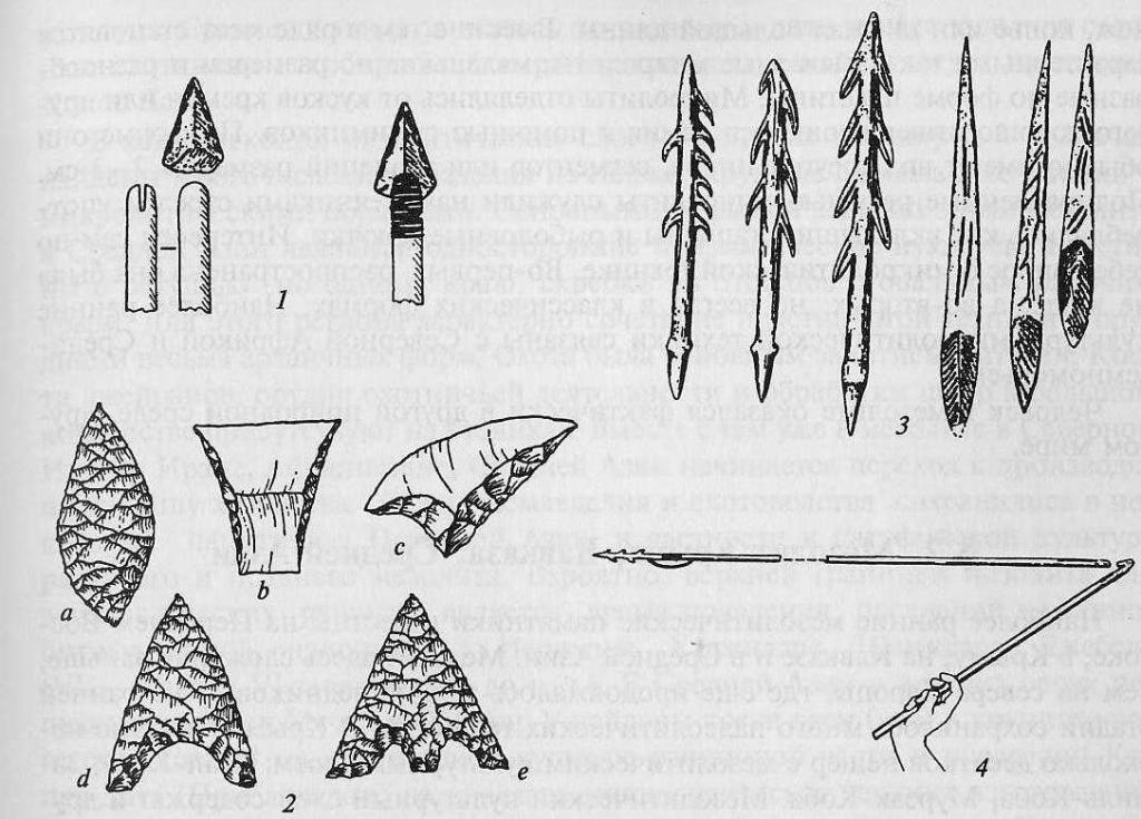 Орудия мезолита: 1 - способы крепления каменных наконечников стрел к деревянному; 2 - типы каменных наконечников стрел  древку: а - листовидный, b, с - грани, d - с выемкой, e - черешковый; 3 - костяные гарпуны, наконечники стрел; 4 - использование копьеметалки