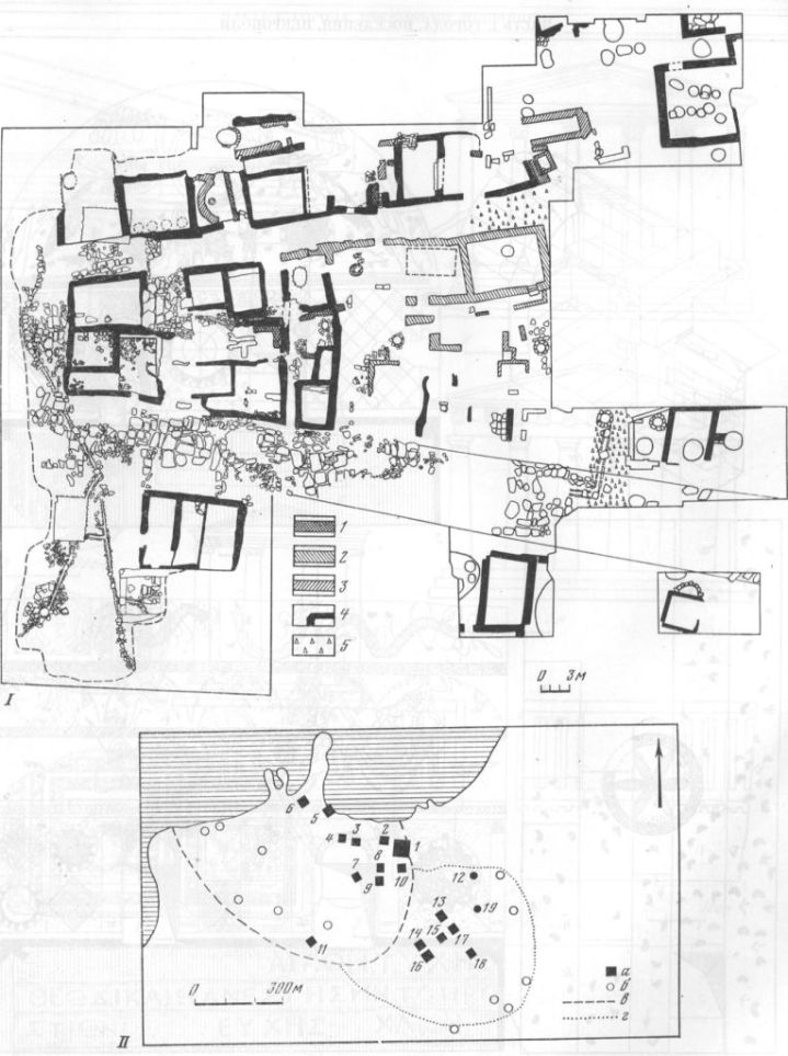 Таблица XLI. Горгиппии 1 —план раскопа «Город»: i — кладка IV—III вв. до н. э.; 2 — кладка II в. до н. э.; 3 — кладка I в. н. э.; 4 — кладка II—III вв. н. э.; 5 — черепяные вымостки. II — расположение раскопов на территории г. Анапа — раскопы: 1 — Город (1960—1978); 2 — Лазурный (1970 г.); 3, 4 — Гостиница I (1961 г.) и II (1962 г.); 5-Берег (1960 г.); 6 - Портовый (1970—1971 гг.); 7 — Центр (1977—1978 гг.); 8, 9 — Ткацкая фабрика (1971—1972; 1974—1975 гг.); 10 — Кубанский (1962 г.); 11—Пансионат им. Н. К. Крупской (1970 г.); 12 — гробница 1976 г.; 13 — кинотеатр «Родина» (1954—1956 гг.); 14, 15 — Протапова II (1971—1972 гг.); 16 — Терская и Про-тапова (1974, 1975 гг.); 17, 18 — Астраханский (1957, 1963, 1964); 19 — склепы 1975 г.: а — раскопы; б — важнейшие находки; в — граница города; г — граница некрополя. Составители И. Т. Кругликова, Е. М. Алексеева 