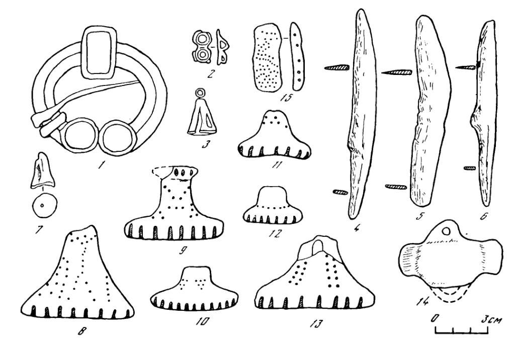  Рис 1. Находки на городище Графская Гора. 1—3 — бронзовые украшения; 4—6 — железные ножи; 8-15 - керамические предметы