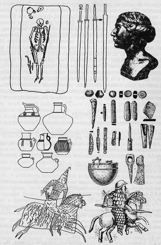 Сарматская культура: погребение воина с мечом, сарматские длинные мечи, сосуды, железные предметы, изображения воинов