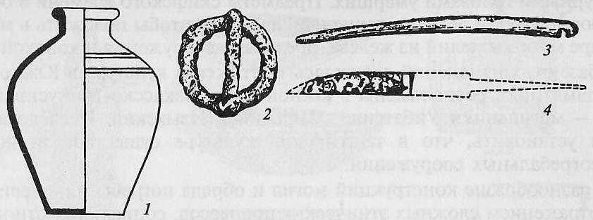 Гунны Забайкалья: 1 — глиняный сосуд; 2 — пряжка; 3 — костяная пластина для лука; 4— черешковый железный нож