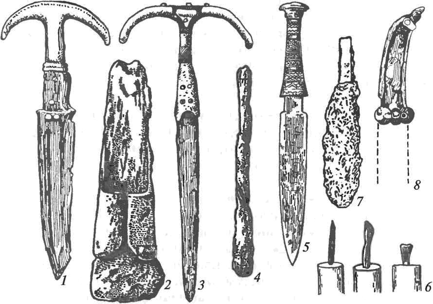 Древнейшие изделия из железа, датируемые 111-11 тыс. до н.э.: 1,3— железные кинжалы с рукоятью, обложенной золотом (из гробницы Мескаламдуга в Уре и из могильника Аладжа-Хейюк в Малой Азии); 2, 4 — железное тесло с медным захватом для рукояти и железное долото из погребения древнеямной культуры (Южное Приуралье); 5, 6 — кинжал с железным клинком и золотой рукоятью и железные лезвия, вставленные в деревянную основу (гробница Тутанхамона), 7 — нож с медной рукоятью и железным лезвием из погребения катакомбной культуры (Россия, Белгородская обл., с. Герасимовка); 8 — железная рукоять кинжала (Словакия)