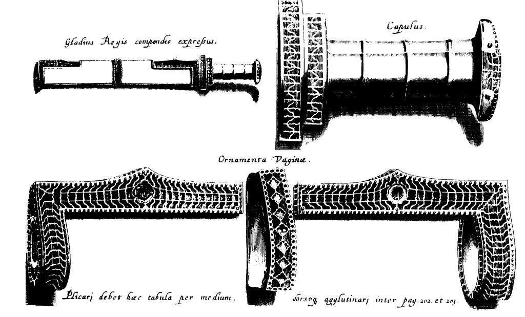 Рис. 3. Детали меча и скрамасакса, с реконструкцией, предложенной в 1655 г. (по Chiflet, 1655)