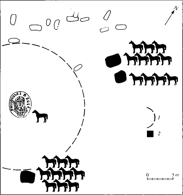 Рис. 5. Реконструкция ситуации вокруг могилы Хильдерика (Mtiller-Wille, 1997) 1 - предполагаемая граница курганной насыпи; 2 - ямы с конскими жертвоприношениями