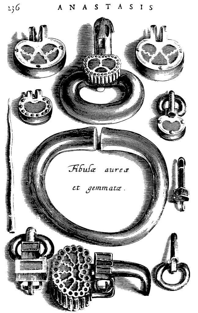 Рис. 1. Вещи с перегородчатой инкрустацией, золотой браслет и золотая игла из могилы Хильдерика (Chiflet, 1655)