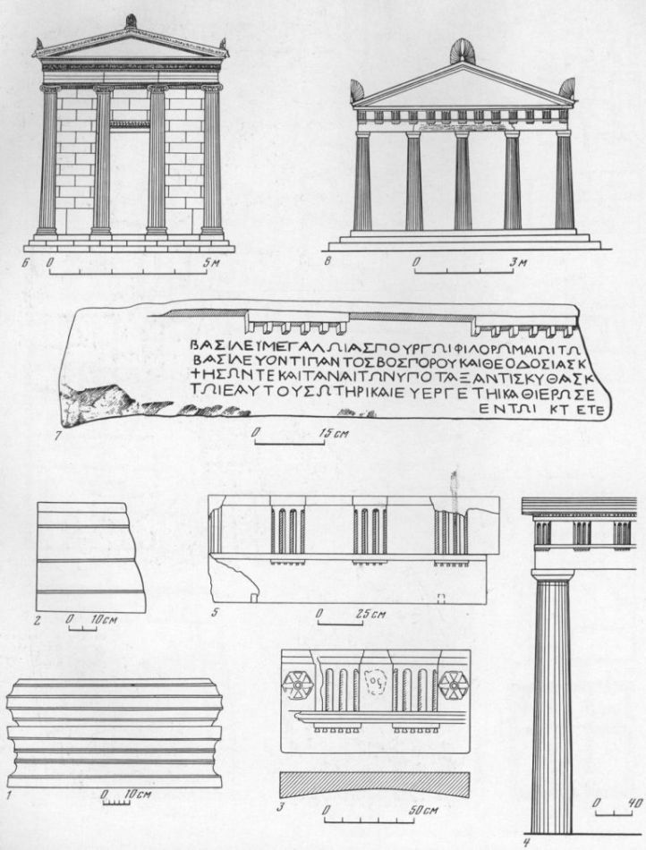 Таблица XC. Архитектура храмов VI в. до н. э. — I в. н. э. 1 — база ионийской колонны VI в. до н. э., Пантикапей (известняк); 2 — пасть архитрава того же храма; 3 — часть дорического антаблемента толоса в Ольвии II в. до н. з. (известняк); 4, 5— часть дорийского портика IV в. до н. э. в Мирмекии (реконструкция Л. Е. Ковалевской); 6 — фасад ионийского храма в Херсонесе III в. до н. э. (реконструкция И. Р. Пичикяна); 7 — часть мраморного дорийского архитрава с греческой надписью посвящением царю Аспургу; К фасад храма Аспурга (реконструкция В. Д. Блаватского). Составитель М. М. Кобылина