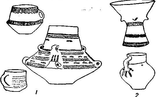 Рис.  93. 1 - вальтерниенбургские сосуды; 2 - бочонок и кувшин из Латдорфа.