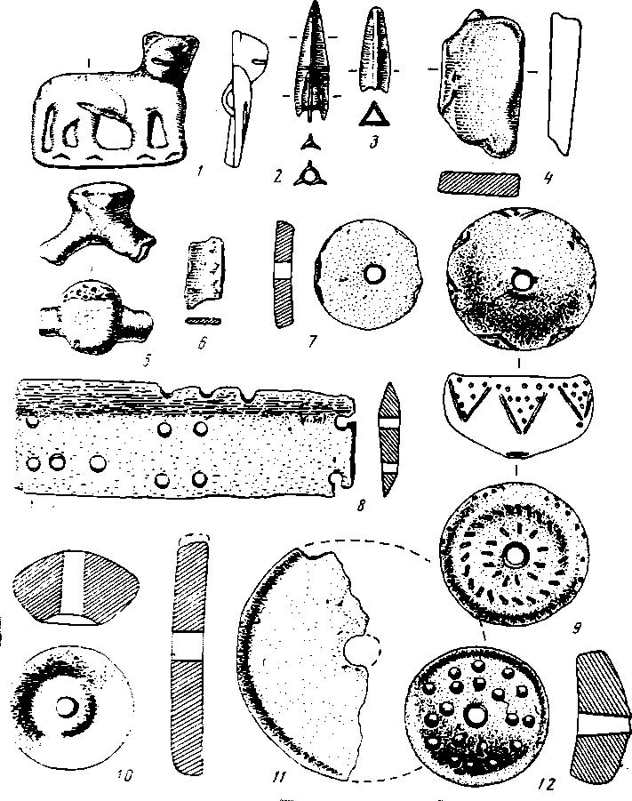Рис. 9. Вещевой материал раннего железного века: 1—6 — бронза, 8 — кость, 7 и 9—12 — глина