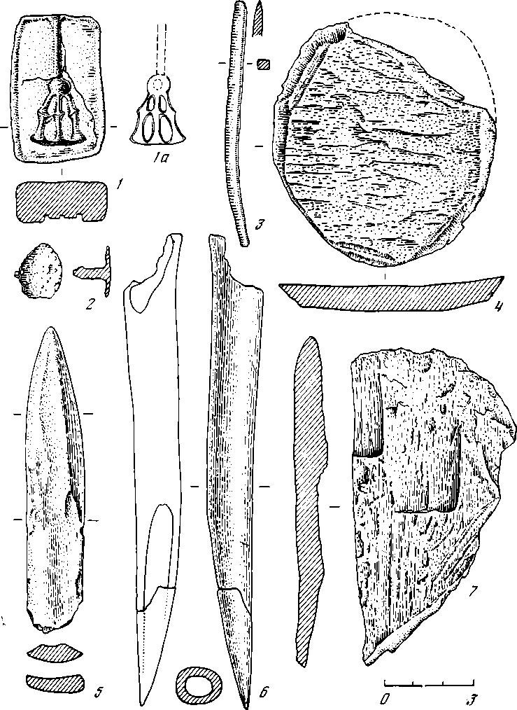 Рис. 5. Вещевой материал эпохи бронзы: 1 — глина; 2, 3 — бронза; 4—7 — кость