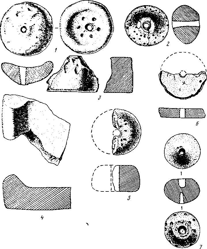 Рис. 8. Вещевой материал раннего железного века: 4 — камень, 1—3 и 5—7 — глина
