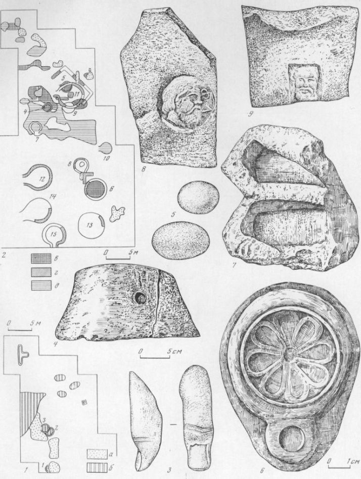 Таблица LXIII. Керамической производство Фанагории 1,2 — планы раскопок. Керамика (а — слой IV в. до н. э., б — I в. до н. э., в — I—11 вв., г — III в., д — IV в.); 3 — мраморное лощило в виде пальца; 4 — подставка для сосудов, ставящихся в обжигательную печь; 5 — гальки-лощила; 6 — форма для оттискивания щитка светильника; 7 — обломок формы для изготовления антефикса; 8 — клеймо на мерной ойнохое; 9 — клеймо на ручке амфоры. Составитель Е. А. Савостина