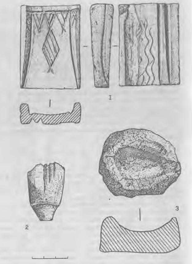 Рис. 5. Керамические (1,3) и каменное (2) изделия из погребения литейщика.