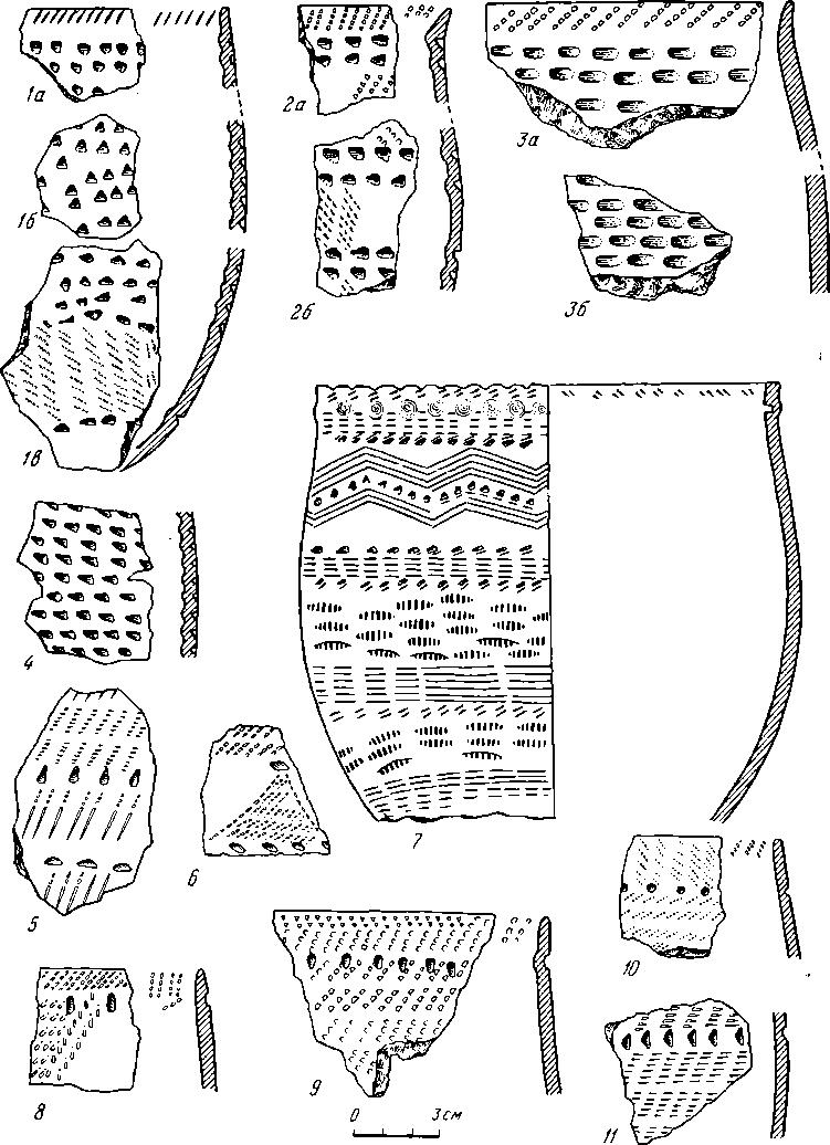 Рис. 1. Ямочно-гребенчатая керамика энеолитической эпохи (1—11)