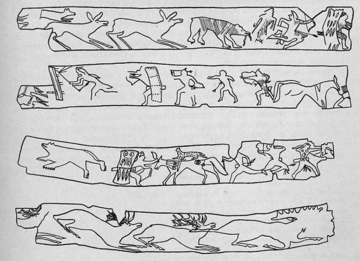 Деревянные планки с изображениями из могильника Тепсей III