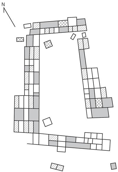 Рис. 3.5. Различные типы комнат в Броукен Кей Пуэбло. Закрашенные области представляют «большие комнаты»; заштрихованные — «маленькие», заштрихованные крестиком — «специальные комнаты». Пустые области не раскапывались. Джеймс Хилл выдвинул ряд проверяемых гипотез в отношении типов артефактов, которые могут быть найдены в разных комнатах