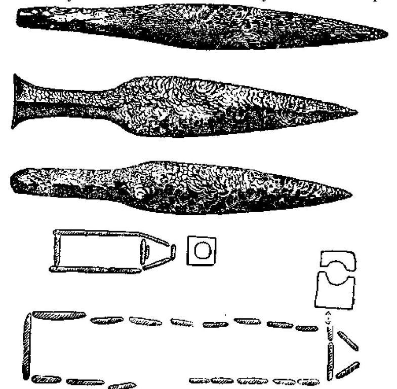 Рис. 96. Кремневые кинжалы (Дания) (1/3) и каменные ящики с входным отверстием (Швеция) типа IV периода по Монтелиусу.
