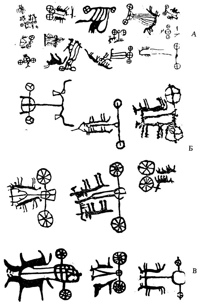 Петроглифы с изображениями колесниц: на Алтае (А), в Туве (Б) и в Казахстане (В)