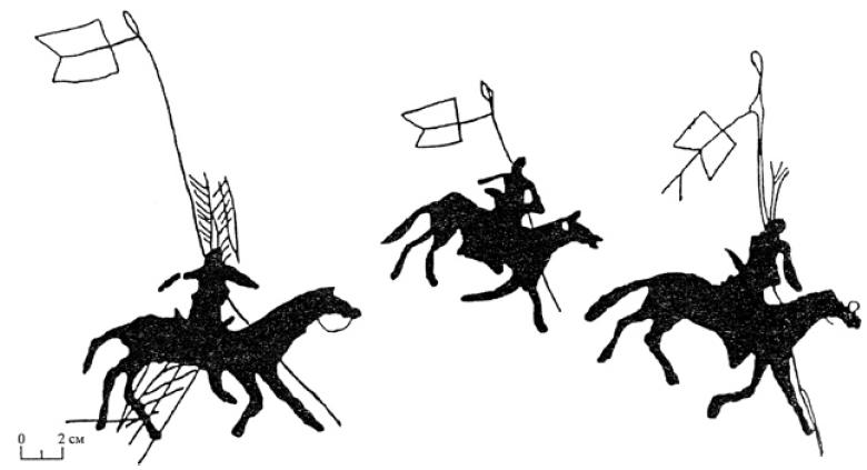 Рис. 5.23. Наскальный рисунки и рунические надписи Рис. 5.21. Наскальный изображения древнетюркских всадников.
