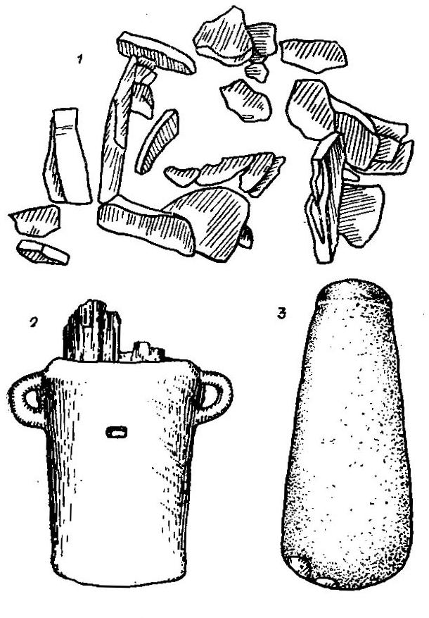 Рис. 2. 1 — расположение камней в яме 34; 2 — кельт из татарской могилы; 3 — каменный ритуальный топор.